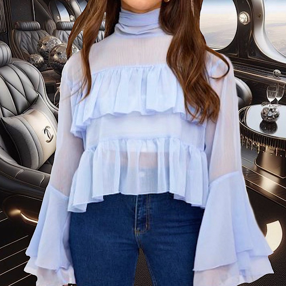 NWT, Chiffon Blue Tiered Ruffle Bordeaux Blouse